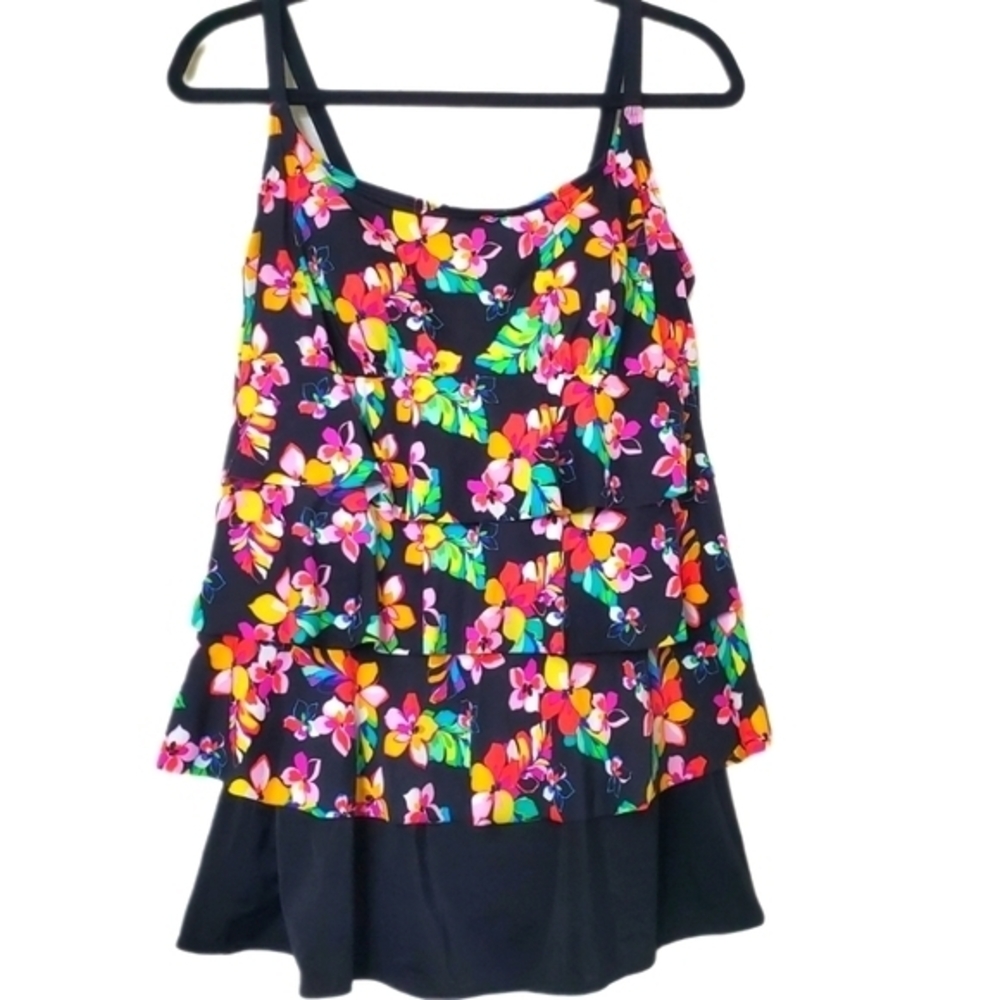 Inches Away Women's‎ Black Floral Tropical Tiered One Piece Swimsuit